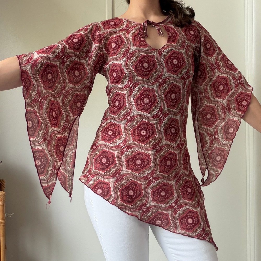 Y2K No Boundaries Sheer Paisley Asymmetrical Boho Festival Top Flare Sleeve